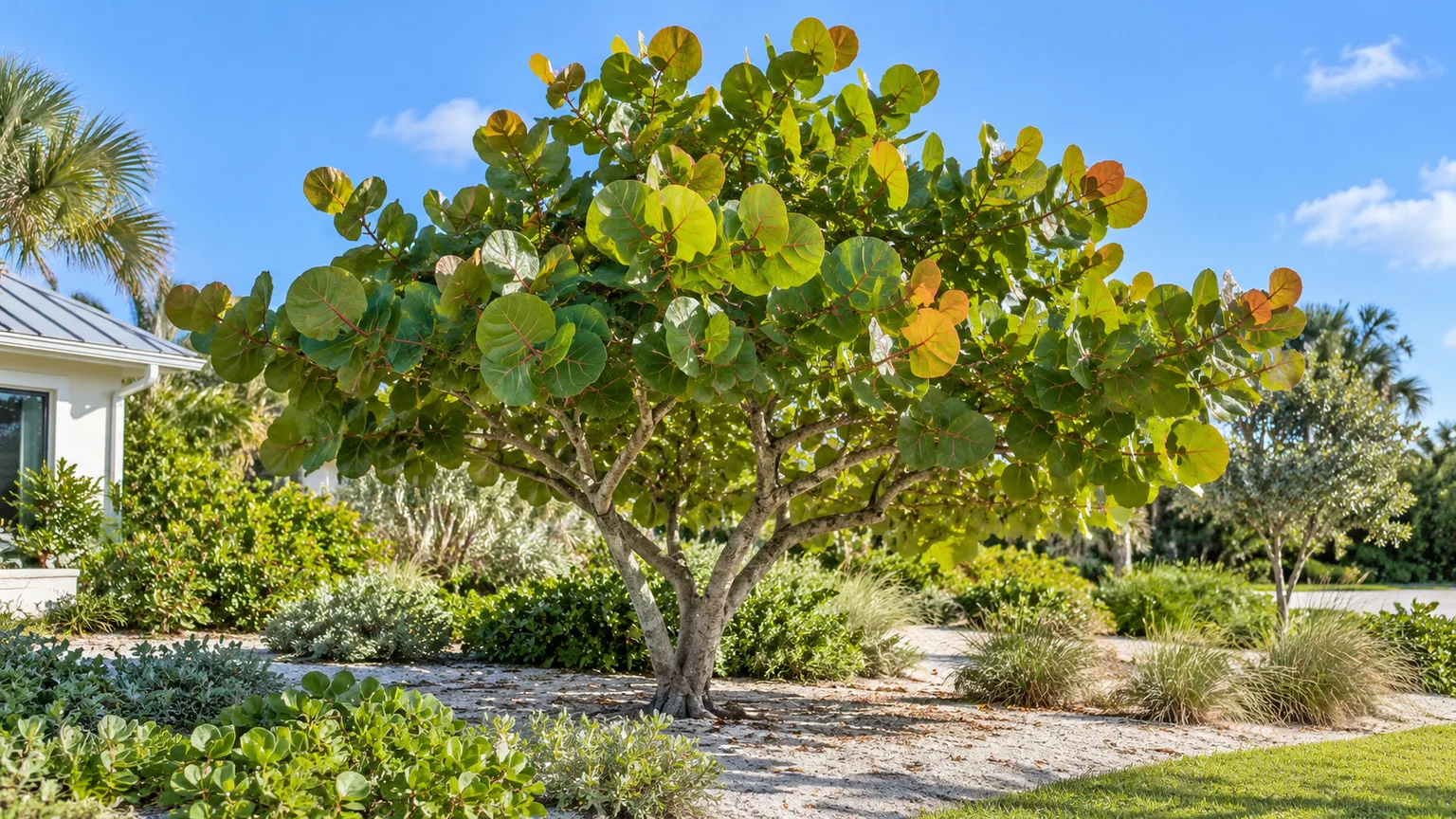 Seagrape planted as a sun-loving specimen in a spacious subtropical home landscape