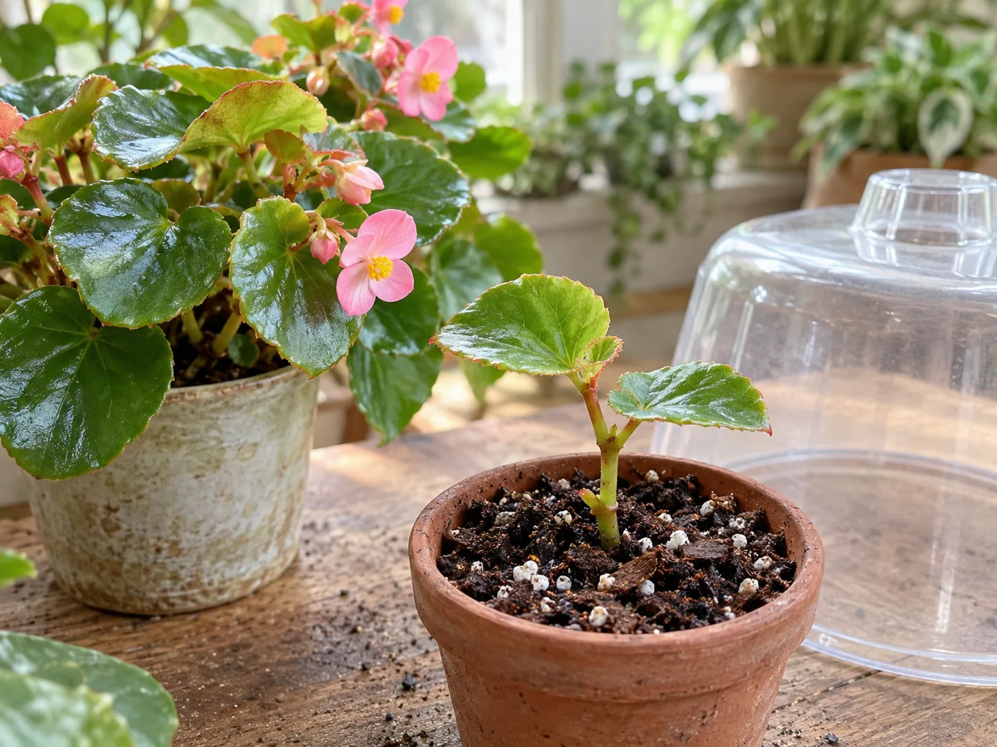 Healthy wax begonia beside a prepared stem-tip cutting in a small pot