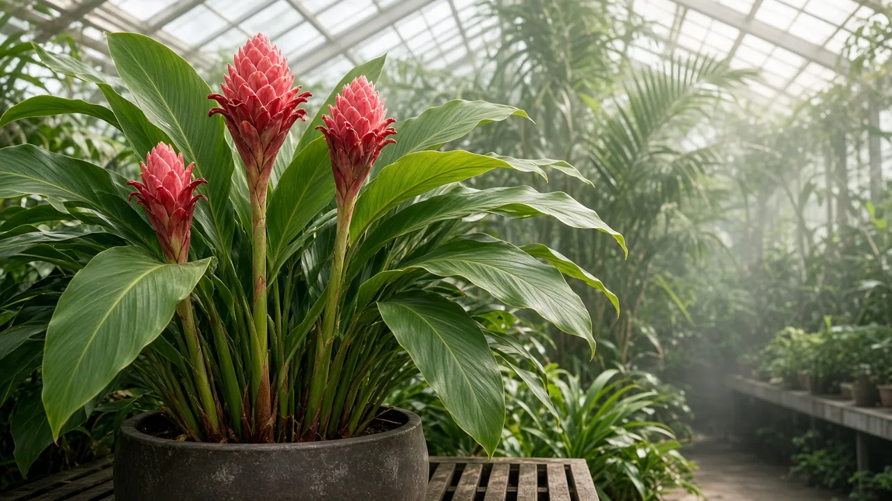 Torch ginger growing in a bright humid greenhouse conservatory
