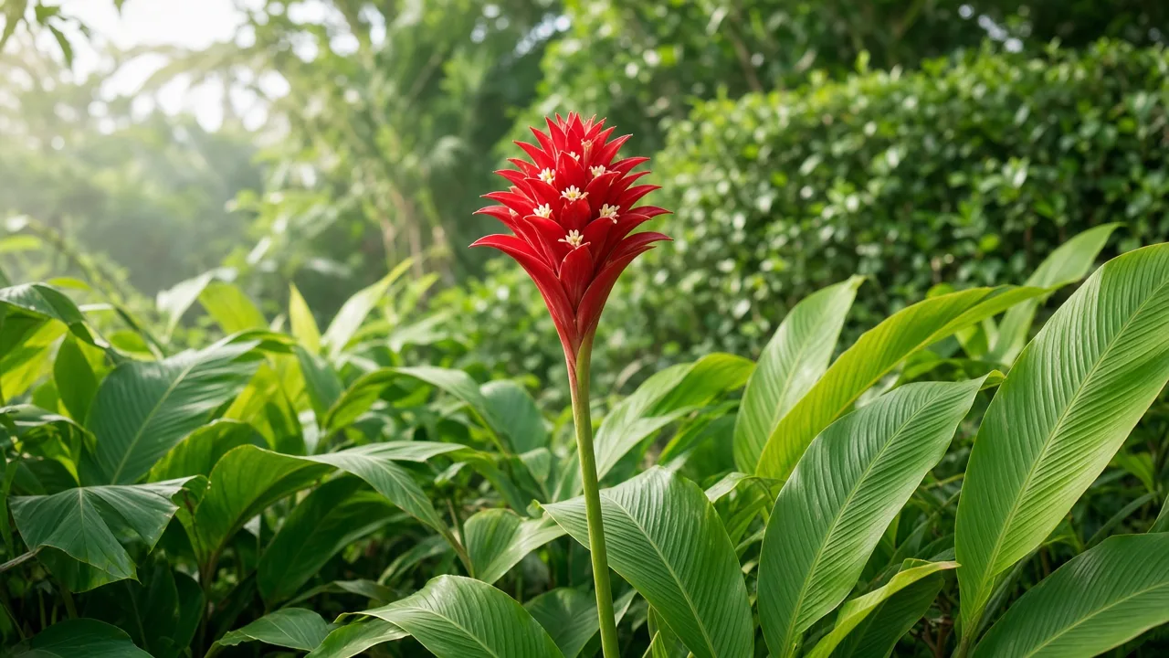 Torch ginger with red waxy bracts on a tall stalk in a sheltered tropical garden