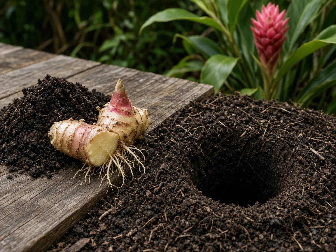 Divided torch ginger rhizome ready for planting in rich garden soil