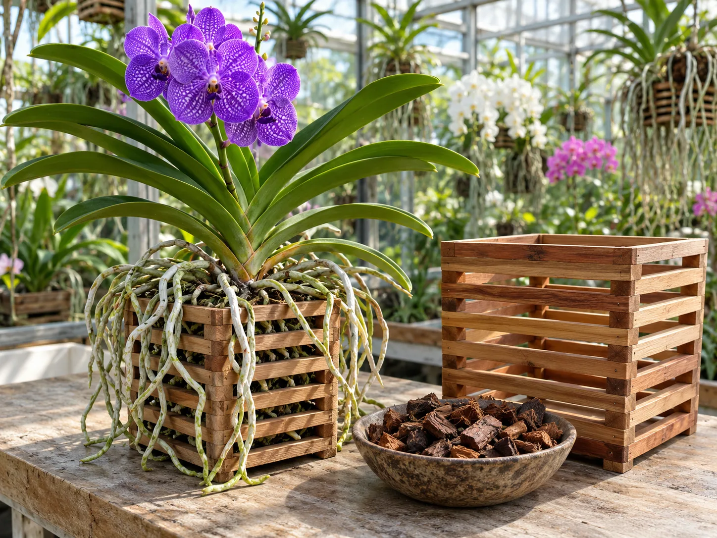 A Vanda orchid in an open slatted basket beside a coarser orchid bark medium