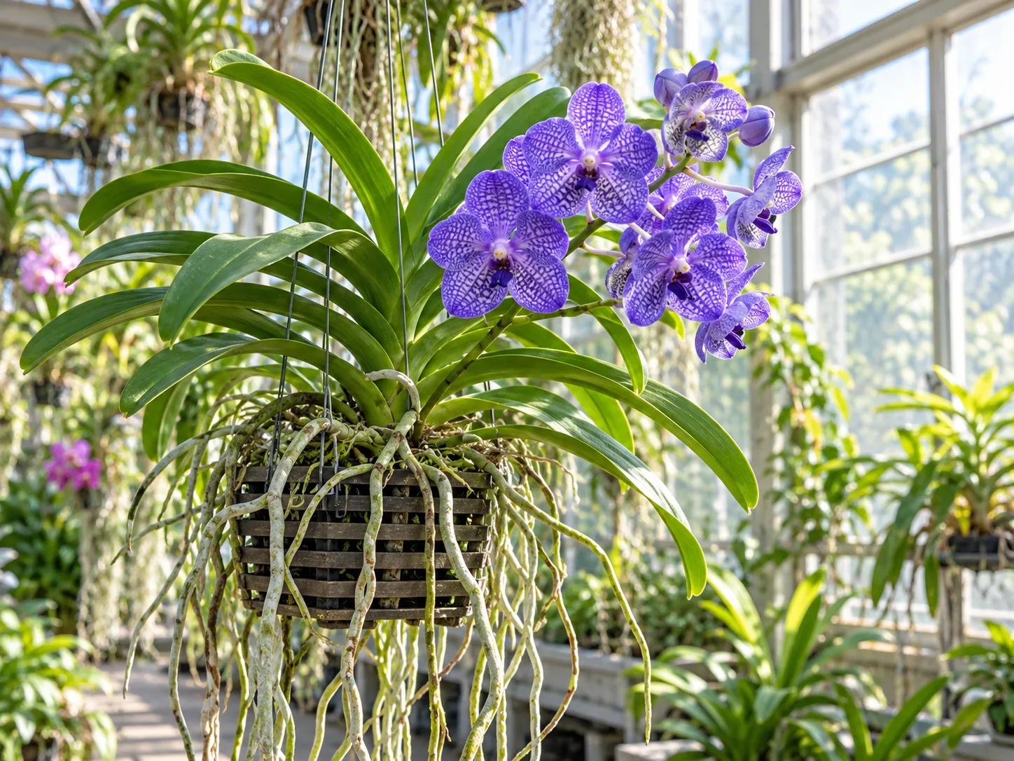 A strap-leaved Vanda orchid growing in bright, filtered greenhouse light