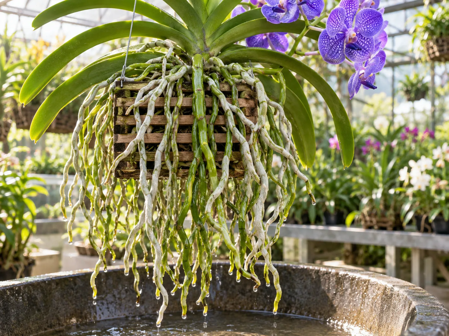 Exposed Vanda roots showing both silvery dry areas and green hydrated areas