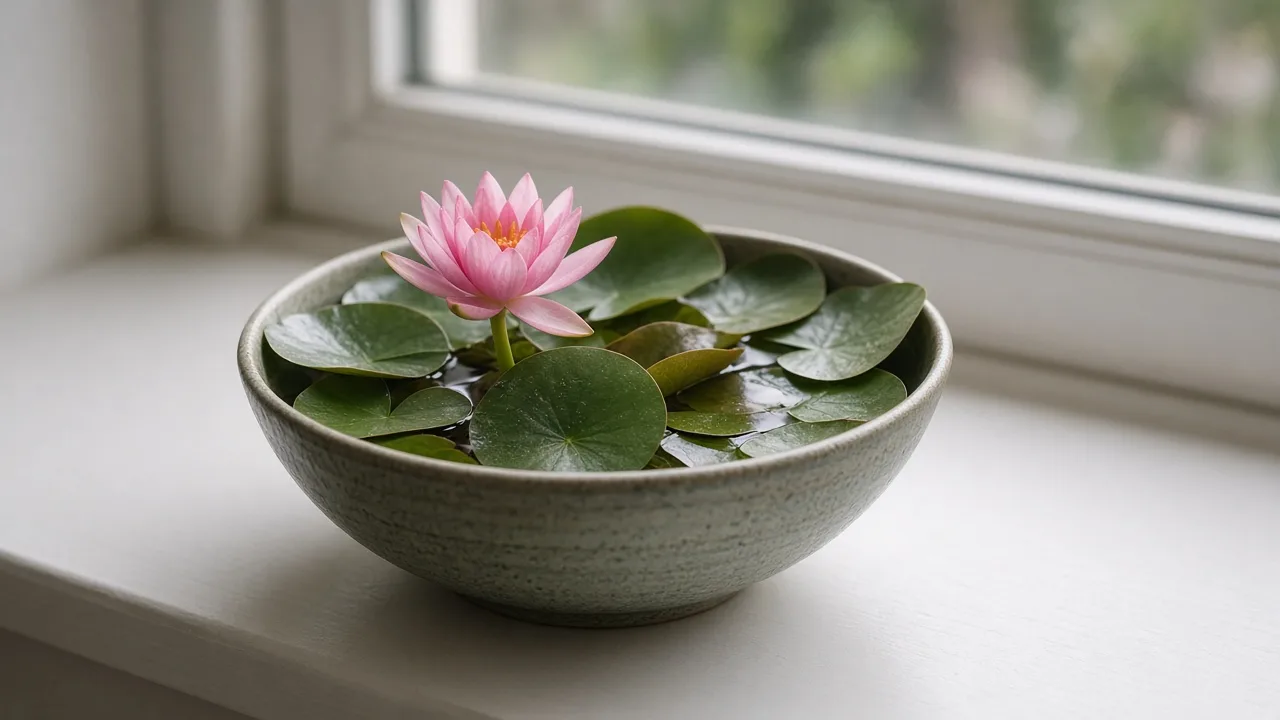 Healthy water lily with a violet flower and floating leaves