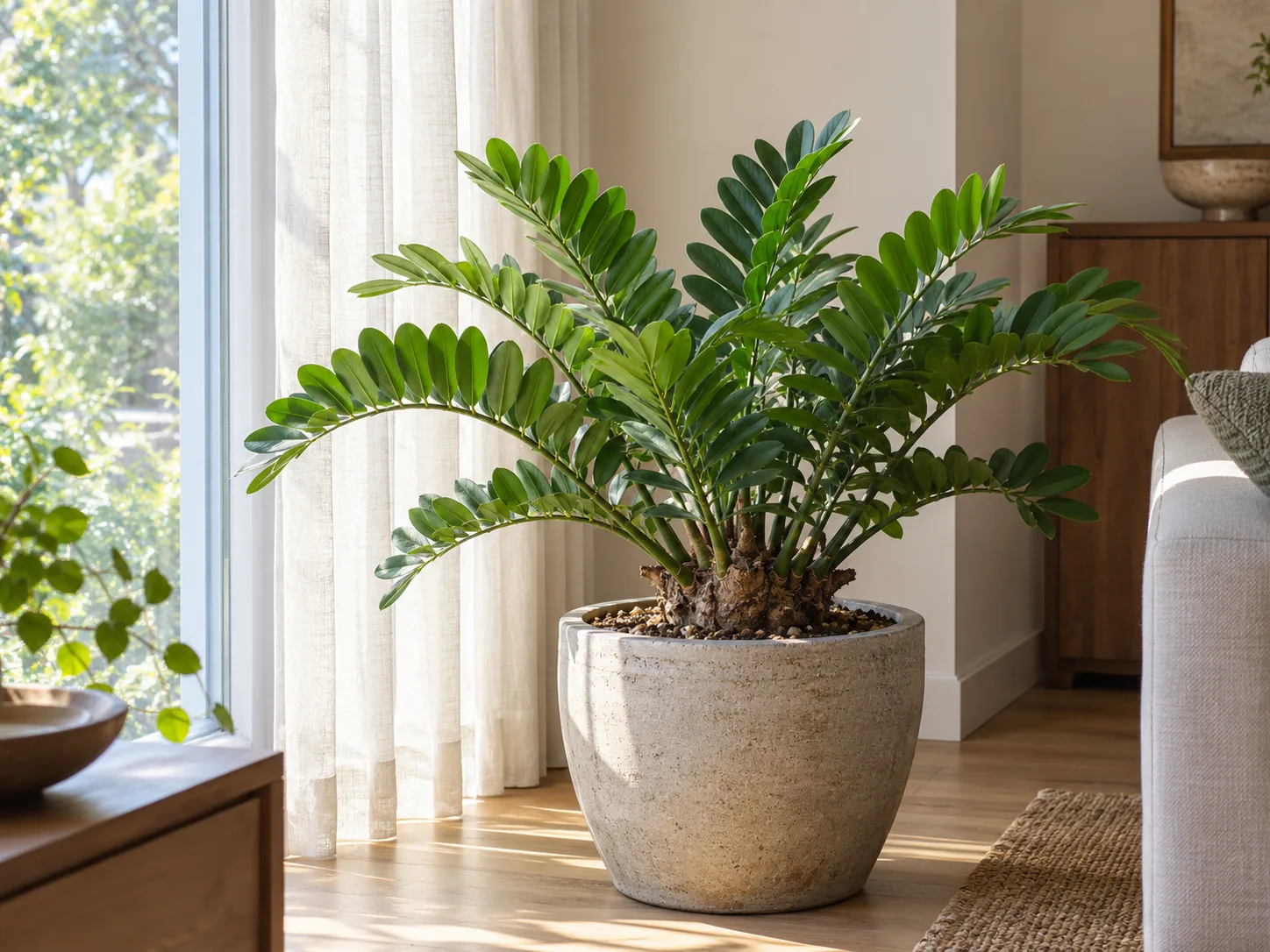A cardboard palm placed in bright light beside an east-facing indoor window