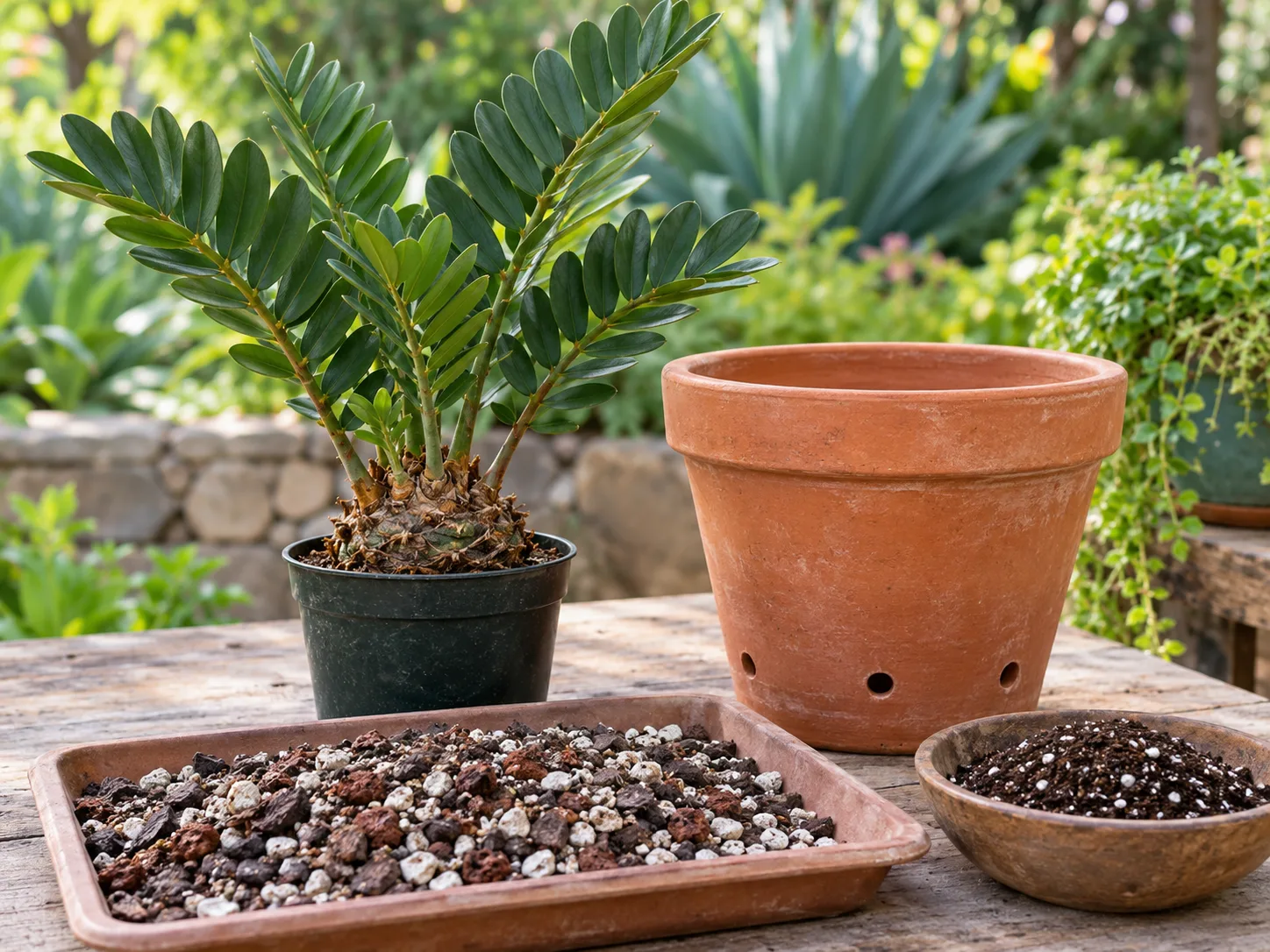 Cardboard palm with coarse potting mix beside a stable container with drainage holes