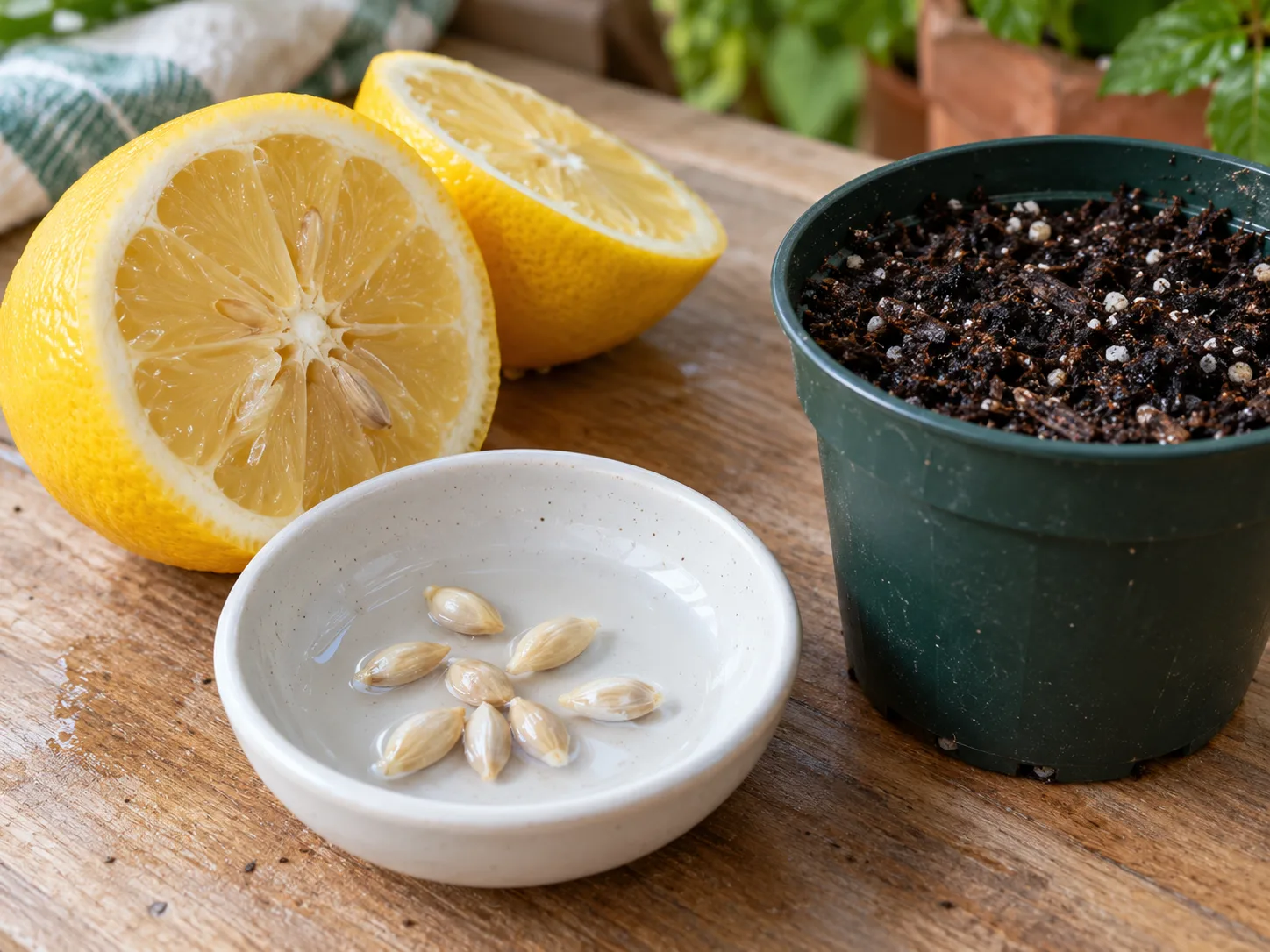 Fresh lemon seeds beside a small pot of seed-starting mix, ready to plant.