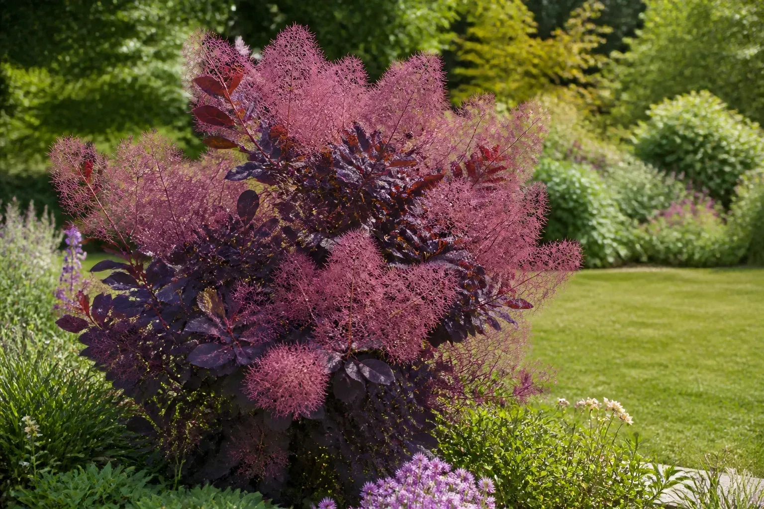 Purple-leaved smoke bush Cotinus coggygria with billowy smoky pink flower panicles in a sunny summer garden border