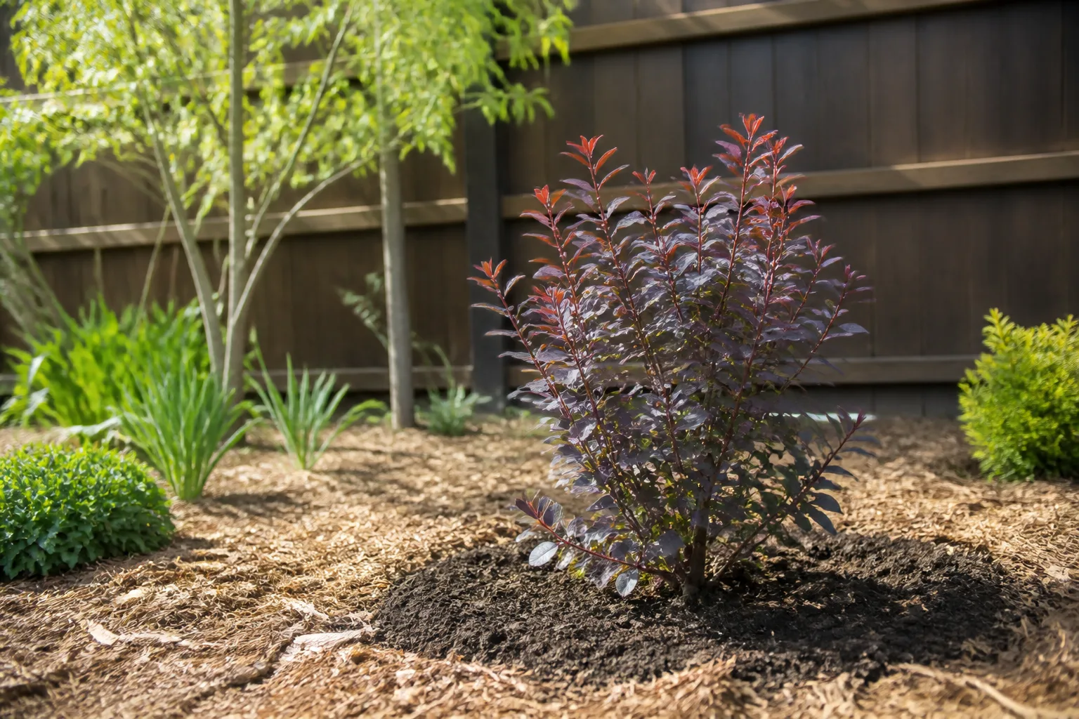 Young purple smoke bush shrub freshly planted in a sunny garden bed with mulch ring and open spacing from a fence