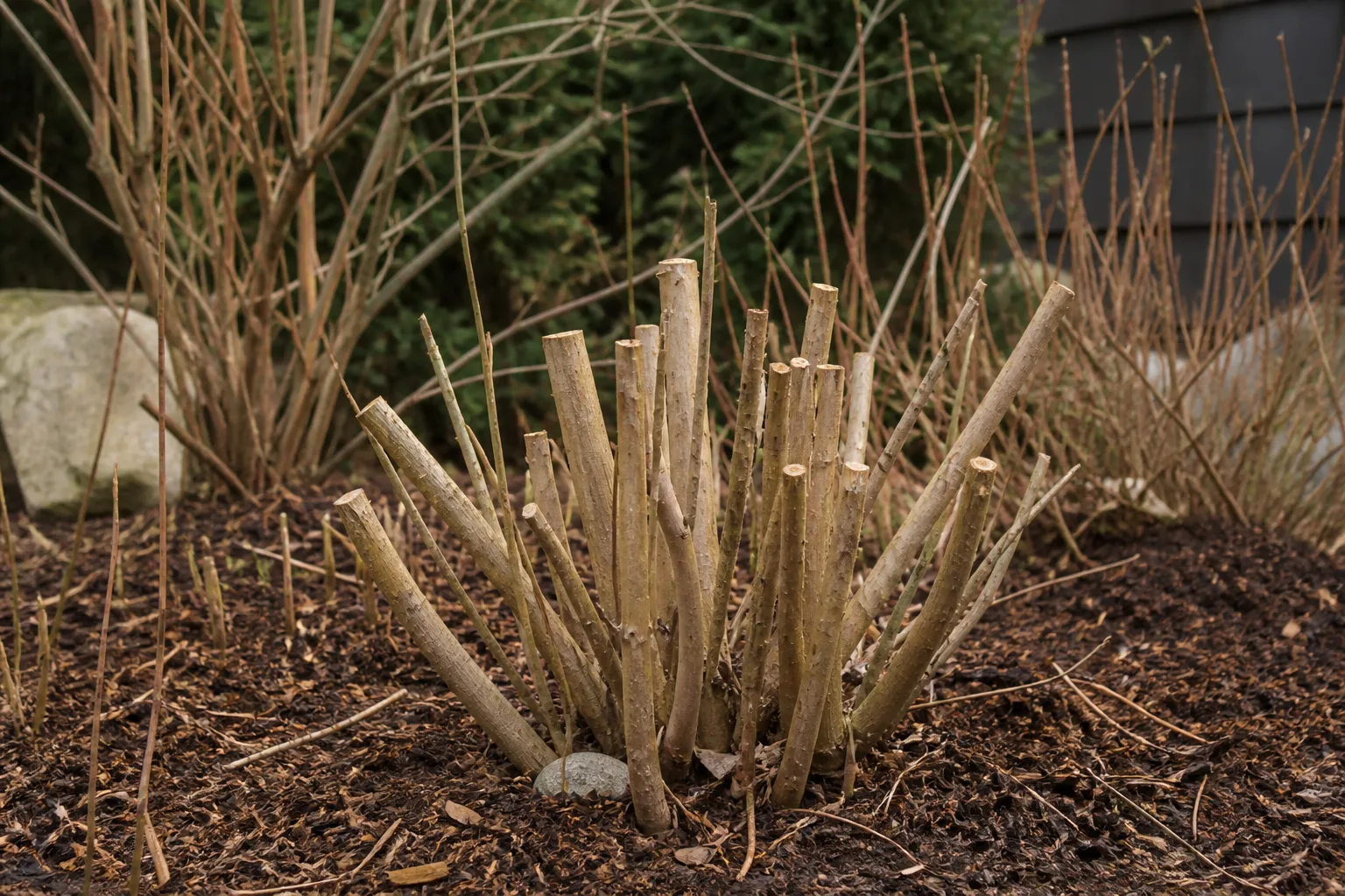 Shrub stems cut back to a few inches above ground in late fall or early spring