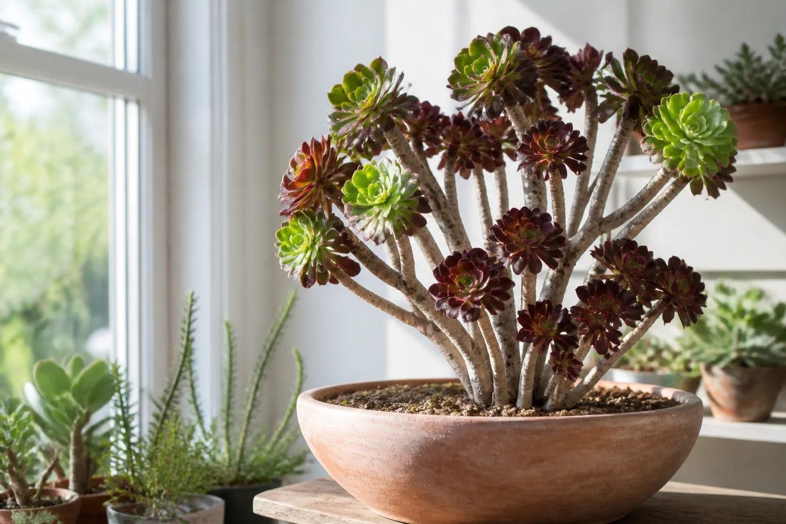 Branching aeonium tree houseleek with glossy green and burgundy rosettes on woody stems in a terracotta bowl