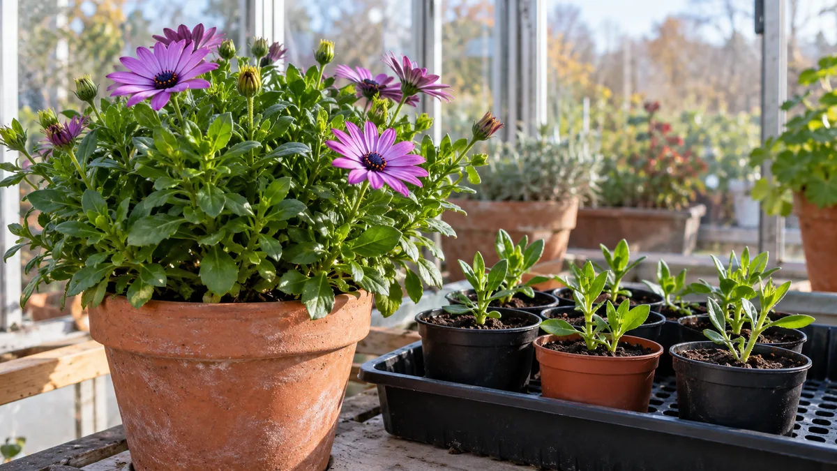 Potted African daisy and backup cuttings kept in a bright, frost-free greenhouse