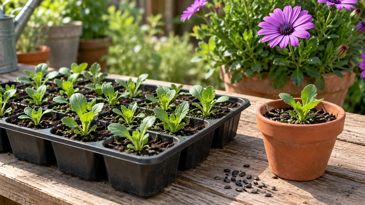 African daisy seedlings growing in a seed tray beside a mature flowering plant