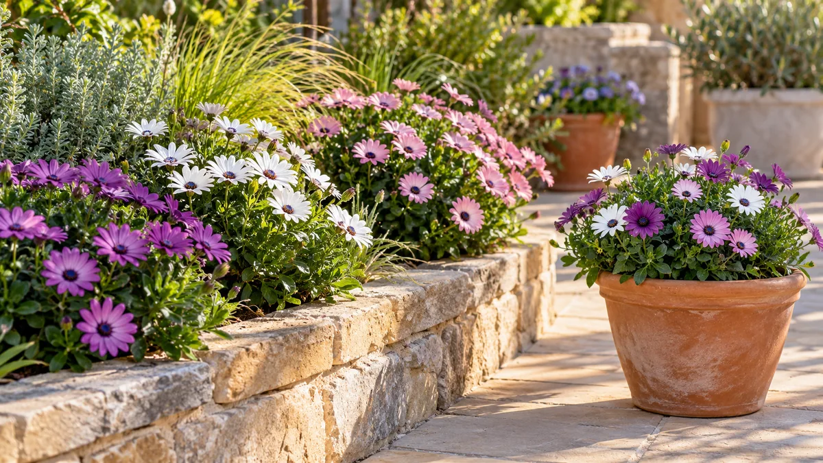 African daisies in a sunny flower bed and patio container