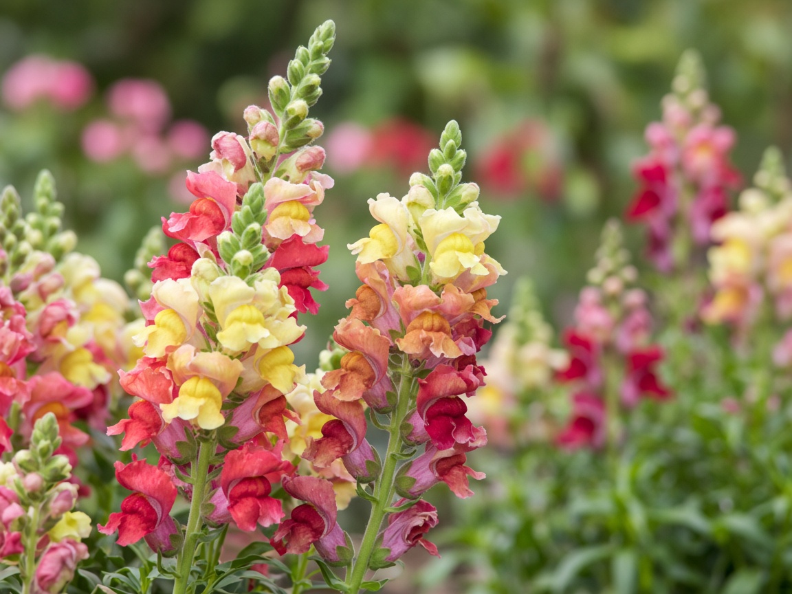 Close view of snapdragon flower spikes with dragon-mouth blooms in mixed colors