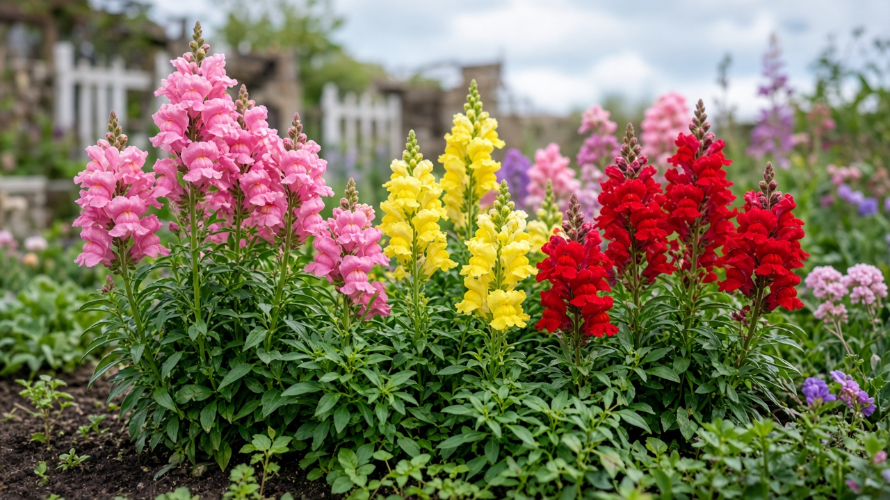 Colorful snapdragon flower spikes in pink yellow and red in a cool-season cottage garden bed