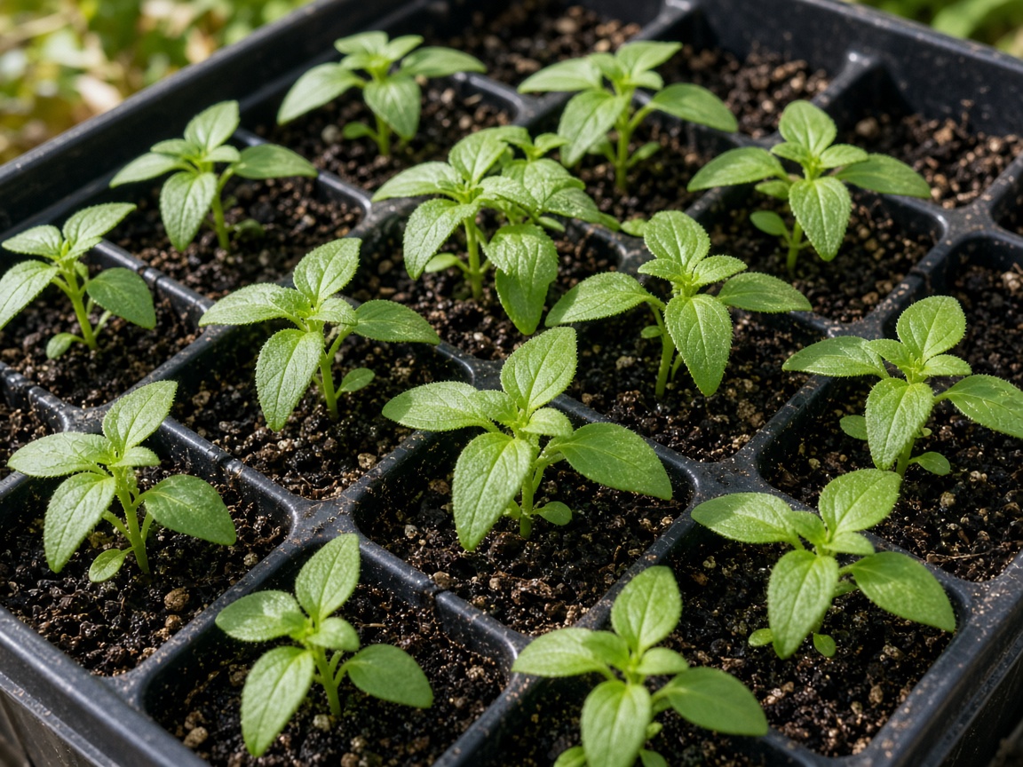 Snapdragon seedlings growing in a seed tray under bright light with young green leaves