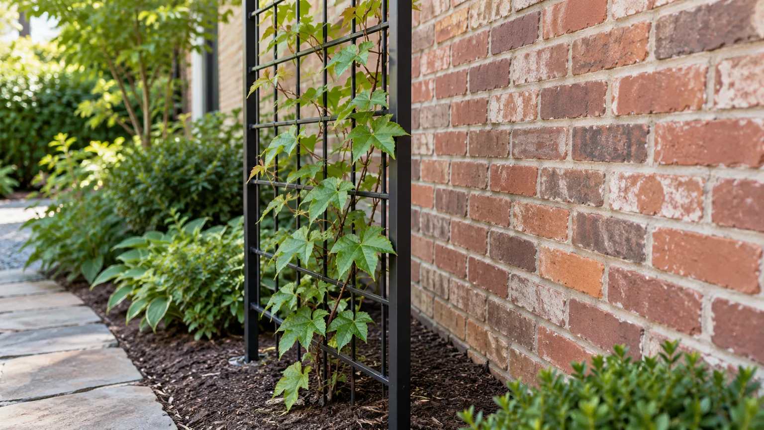 Young Boston ivy trained on a freestanding trellis in front of a brick wall, with a visible gap between support and masonry