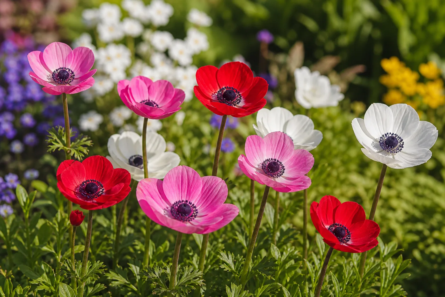 Colorful anemone windflowers with cup-shaped red, pink, and white blooms on slender stems in a sunny spring garden border
