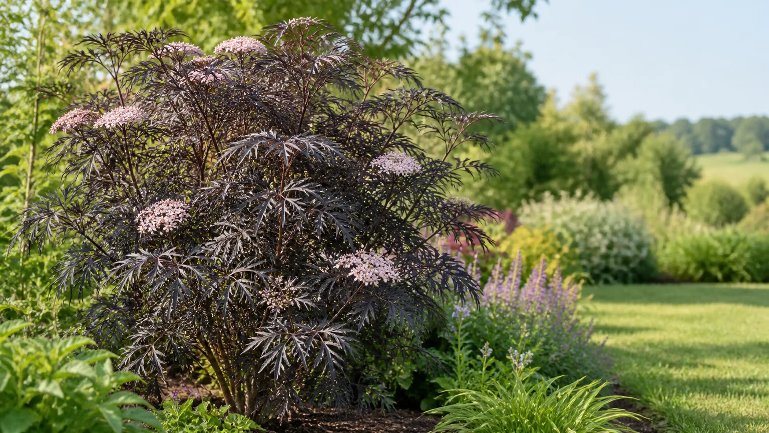 Healthy Black Lace elderberry with dark lacy foliage and pale pink flowers in a sunny garden