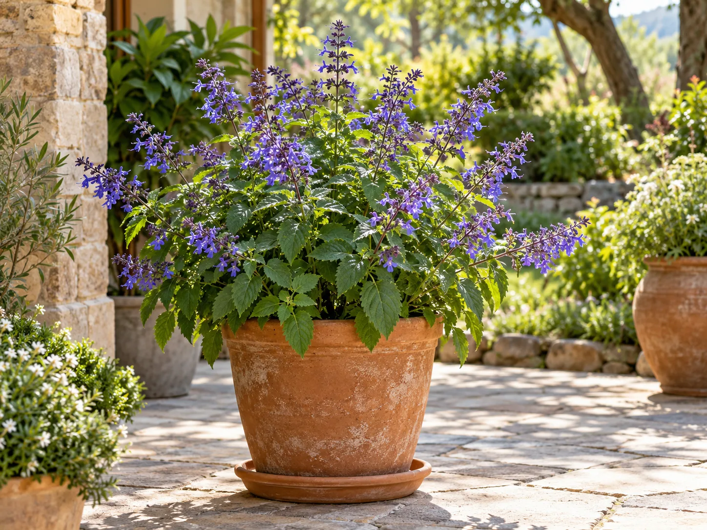 Blue spur flower growing in a draining terracotta pot on a bright patio with afternoon shade