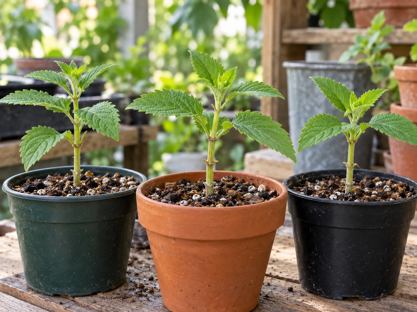 Fresh blue spur flower stem cuttings in small pots of airy propagation mix