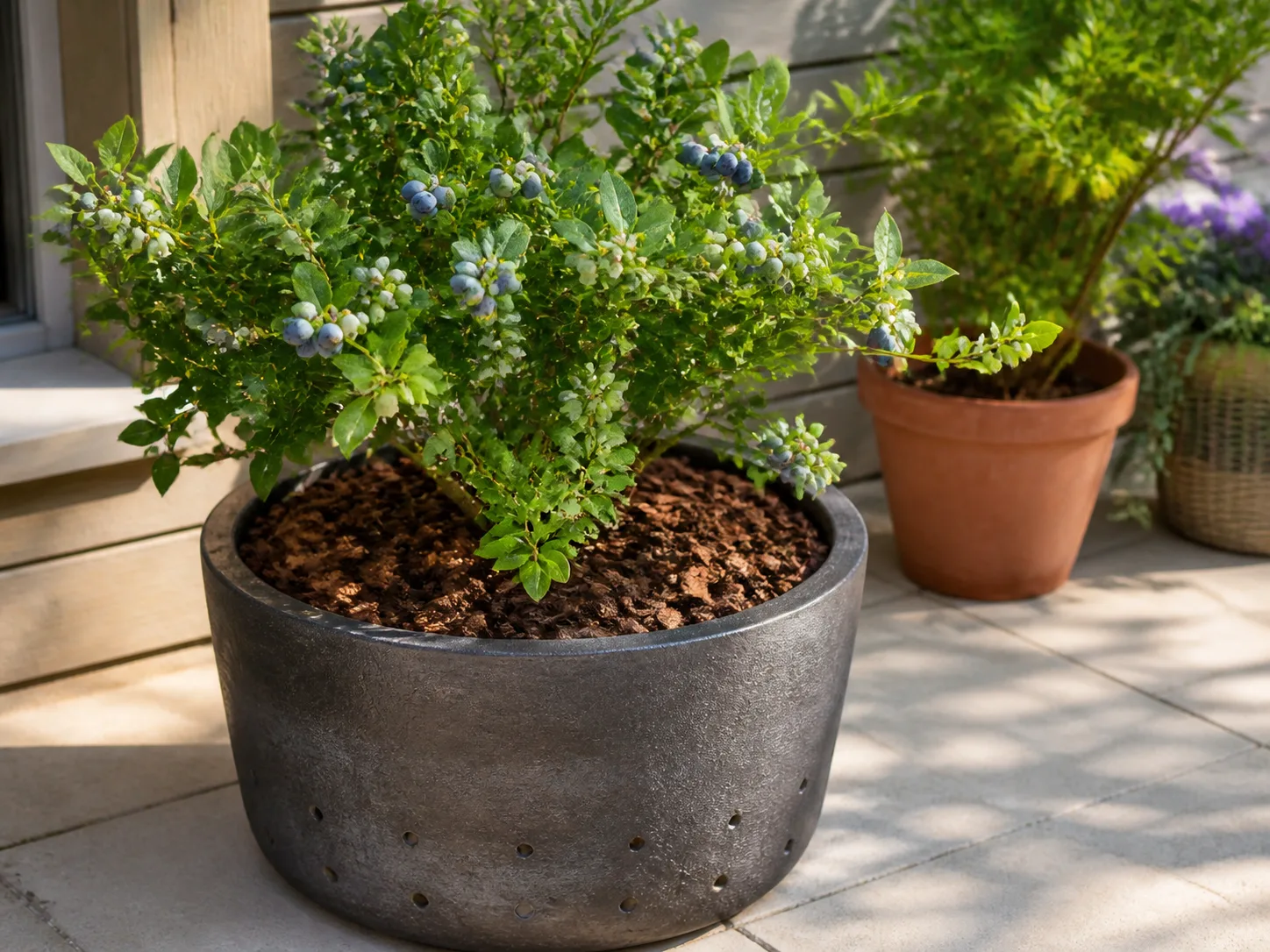 Compact blueberry bush fruiting in a large, well-drained container on a sunny patio