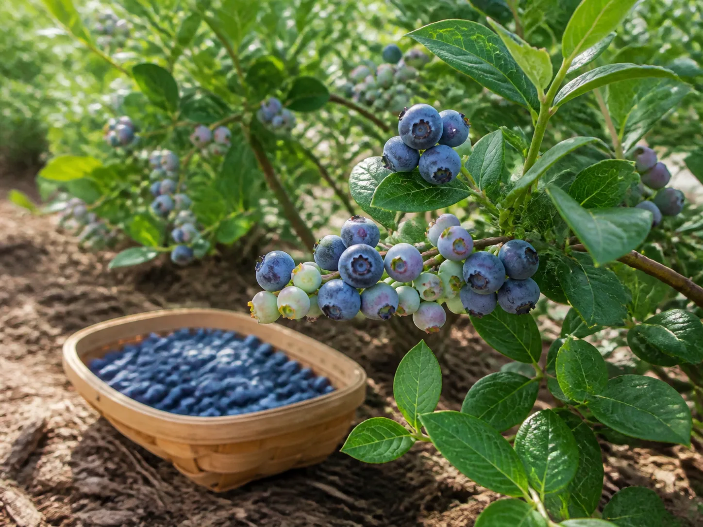 Blueberry branch showing ripe deep-blue fruit beside green and partly ripened berries ready for staged harvesting