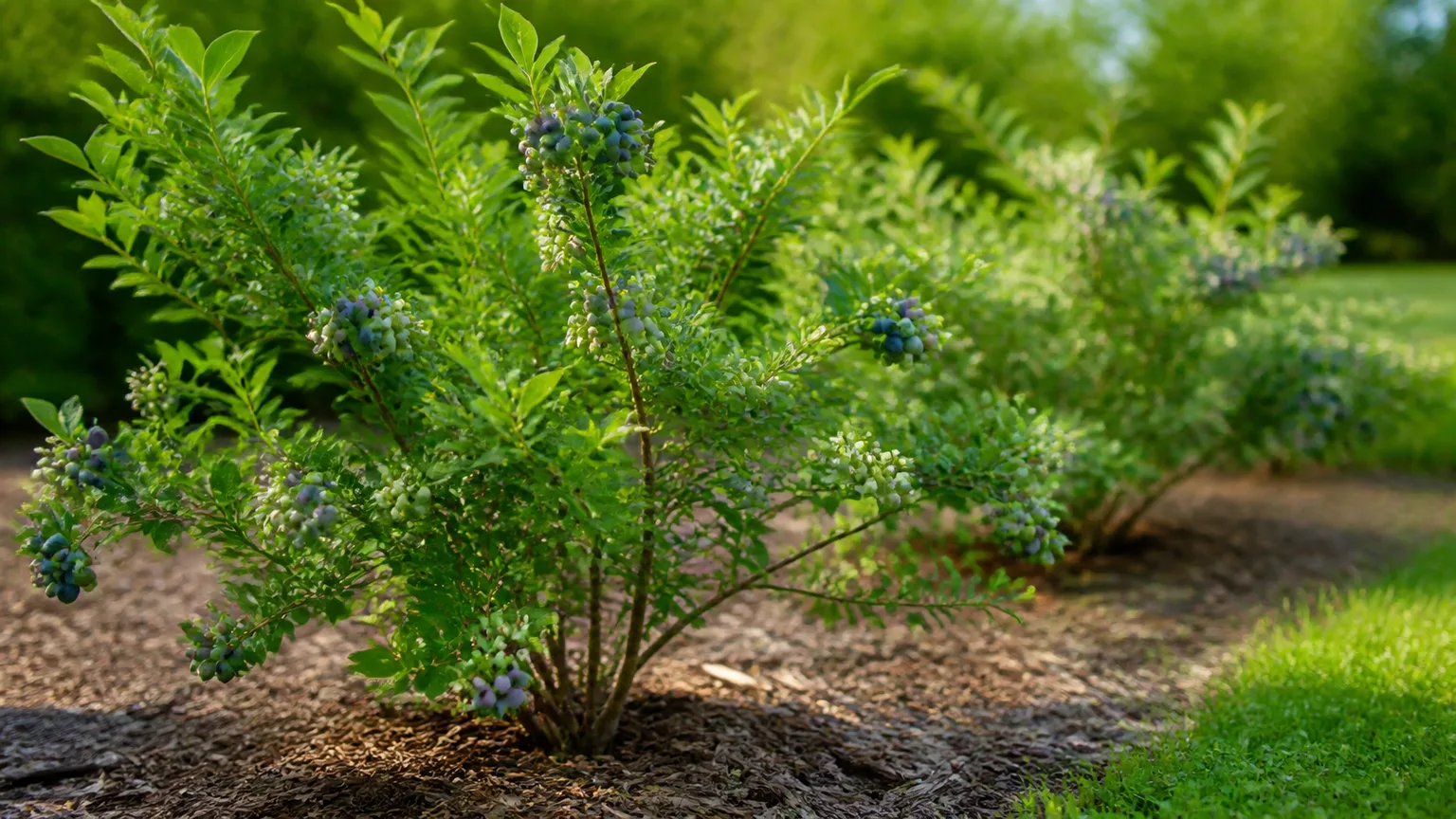 Healthy blueberry bush carrying white bell-shaped flowers and blue fruit in a sunny mulched garden bed