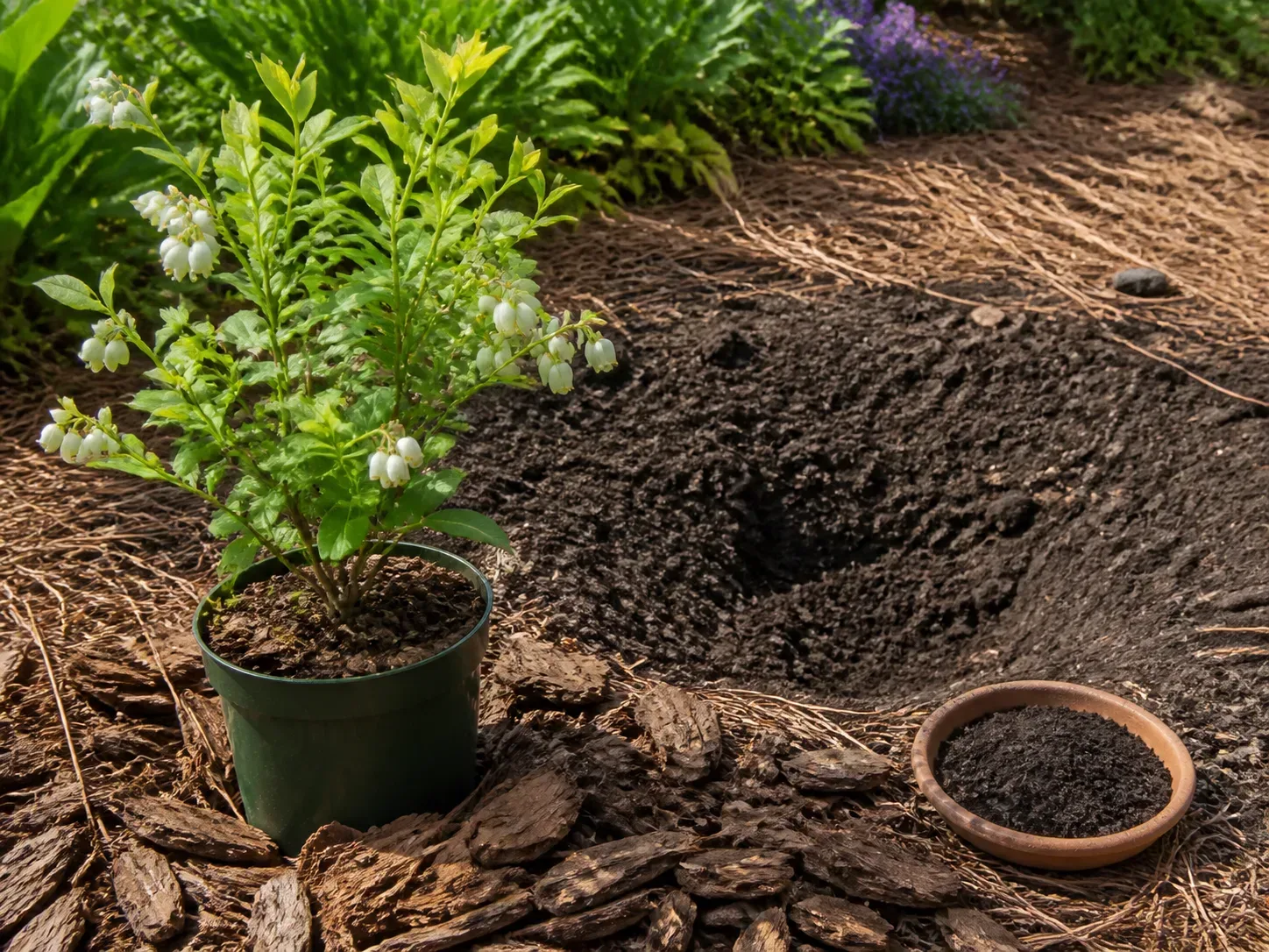 Young blueberry bush beside a prepared planting bed with loose acidic soil, pine bark, and pine-needle mulch