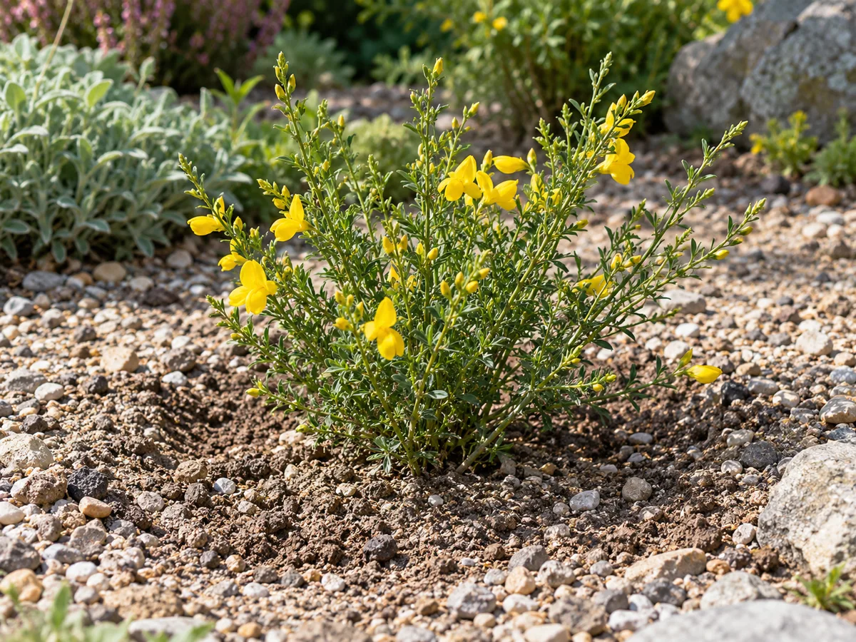 A young broom shrub established in an open, fast-draining garden bed