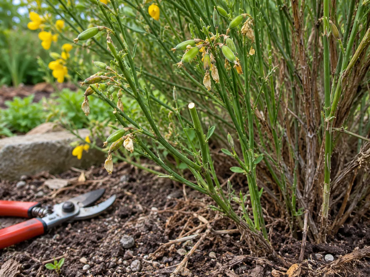 Selective pruning of broom after bloom, leaving the older woody stems intact