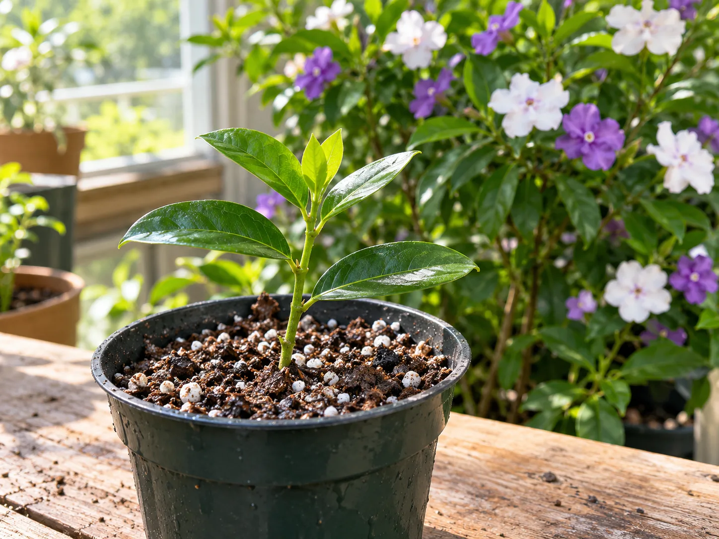 A softwood Brunfelsia pauciflora cutting set in a small pot of airy propagation mix