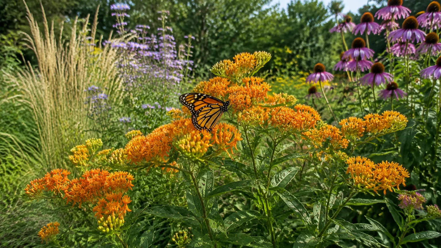 A mixed pollinator border with flowering perennials and a butterfly
