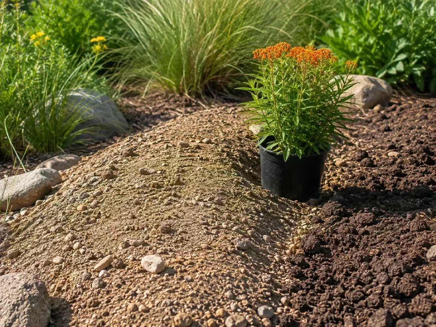 Butterfly weed planted on a sunny, gravelly berm beside heavier soil