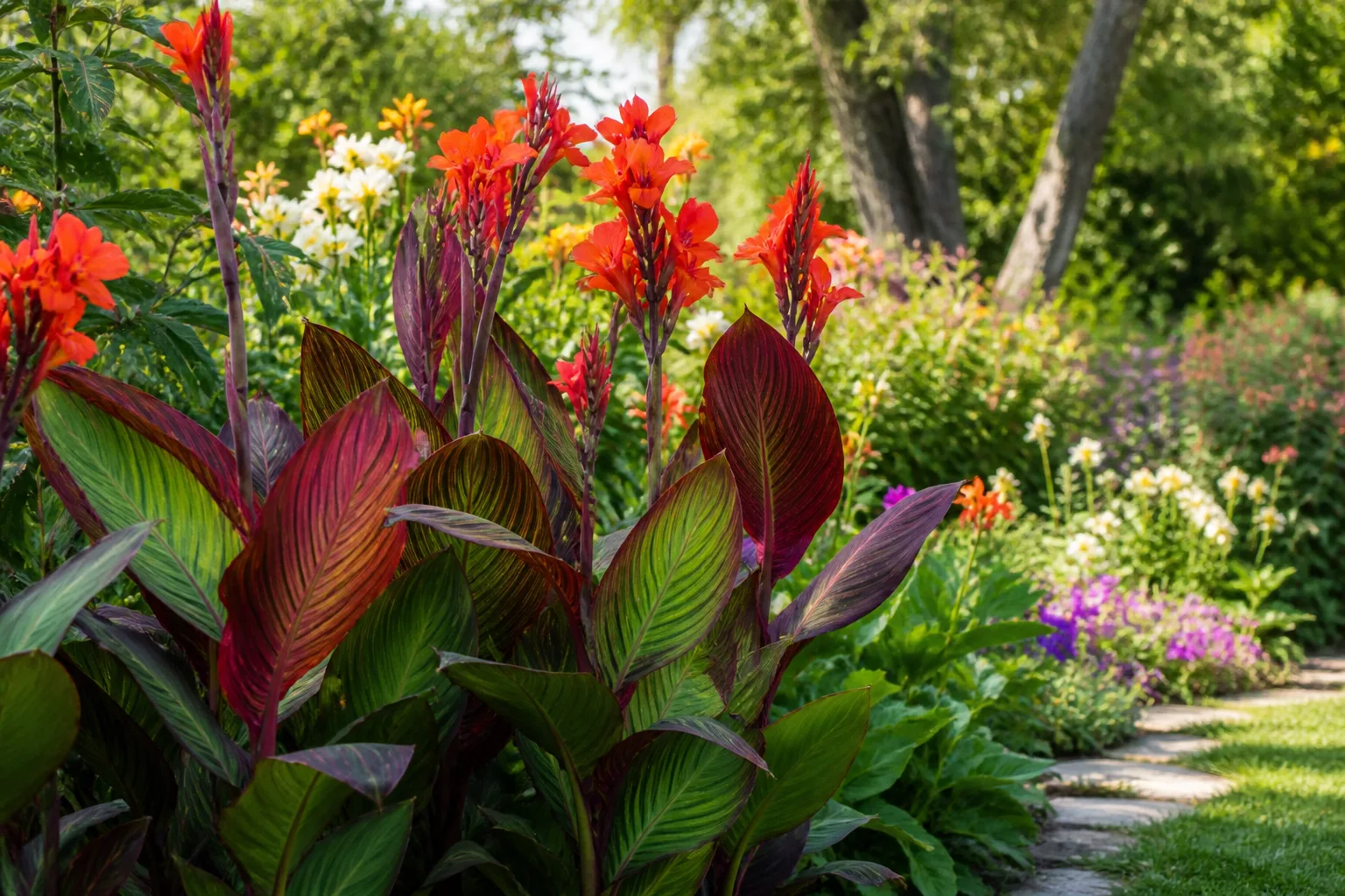 Tall canna lilies with bold paddle-shaped leaves and orange-red flower spikes in a sunny summer garden border