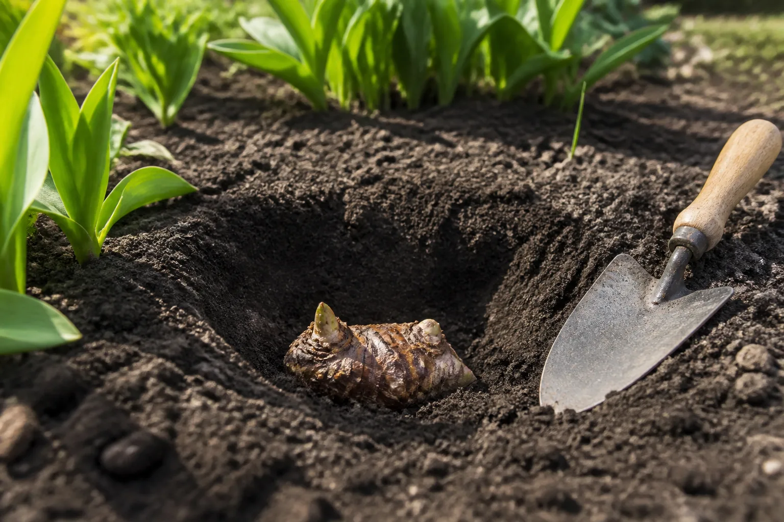 Canna rhizome with visible growth eyes placed in a shallow spring planting hole in rich garden soil