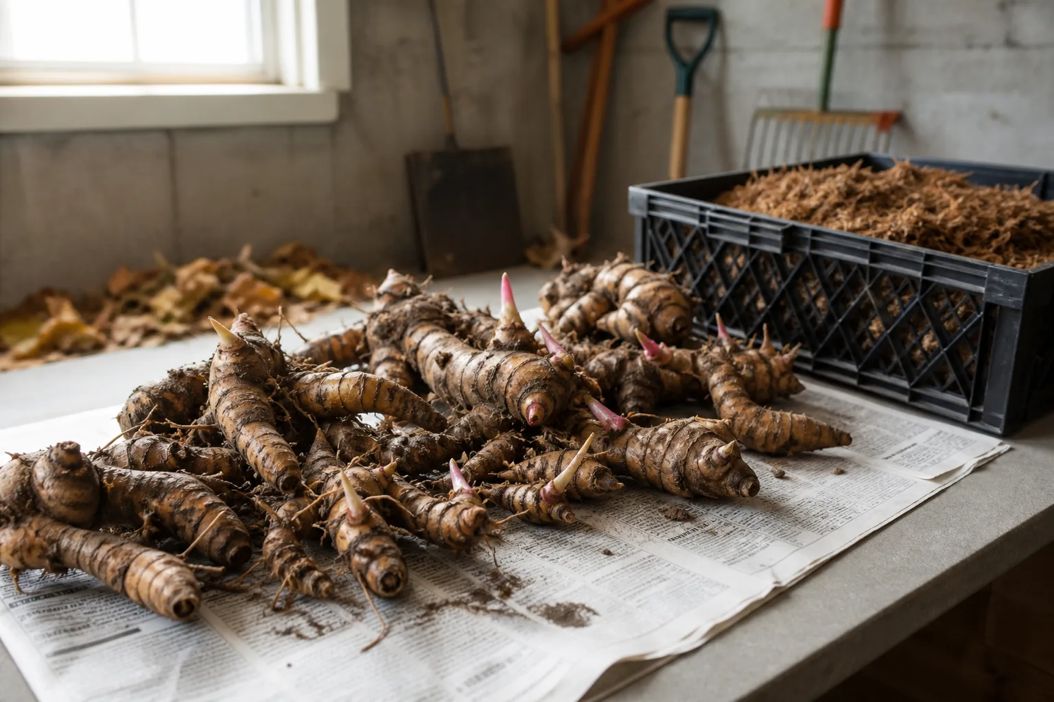 Clean canna rhizomes with growth eyes laid on newspaper beside peat moss for cool winter storage