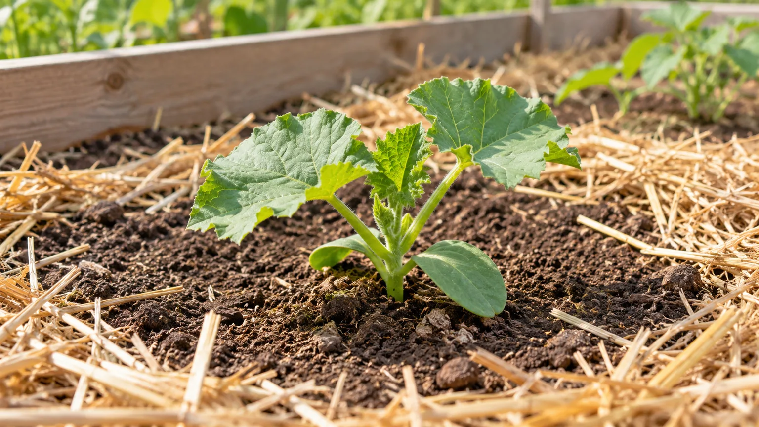 Cantaloupe seedlings planted in warm garden soil with room for the vines to spread