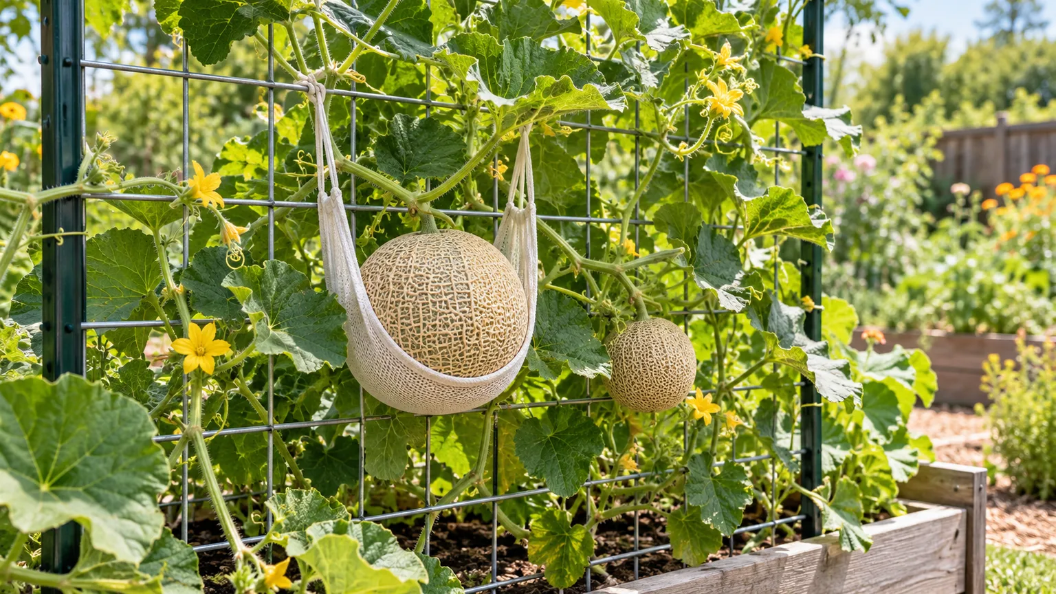 A cantaloupe vine trained along a sturdy garden trellis with developing fruit supported