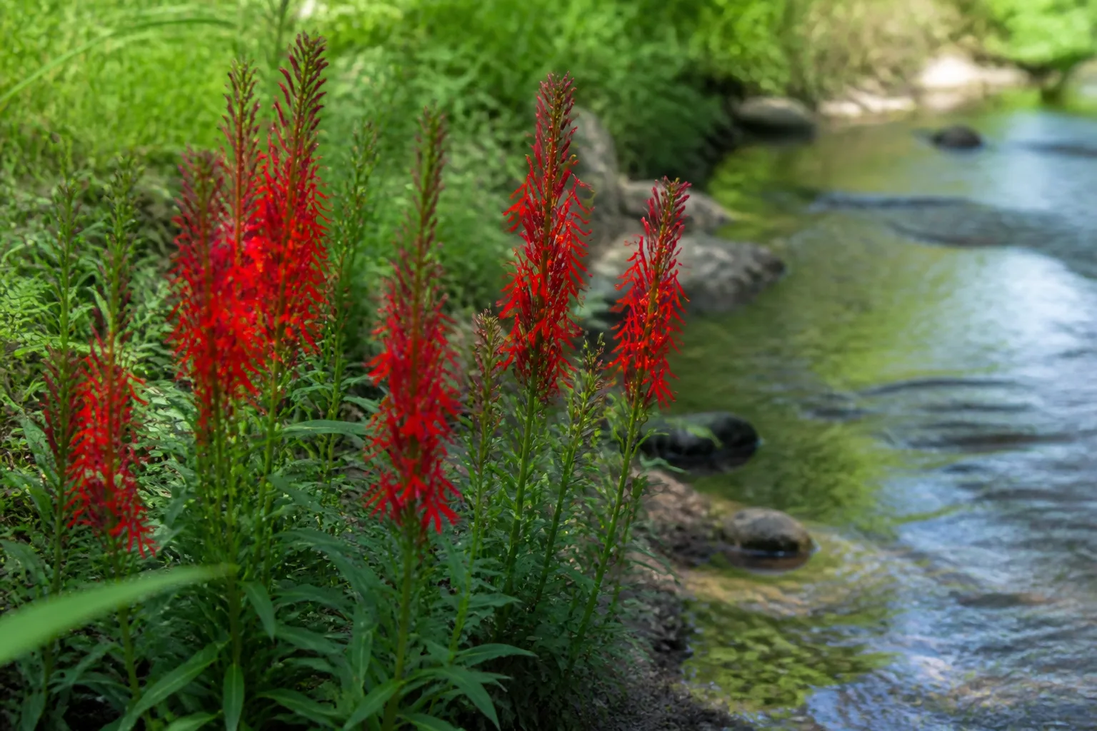 Scarlet cardinal flower spikes growing at a natural stream bank with moist riparian soil
