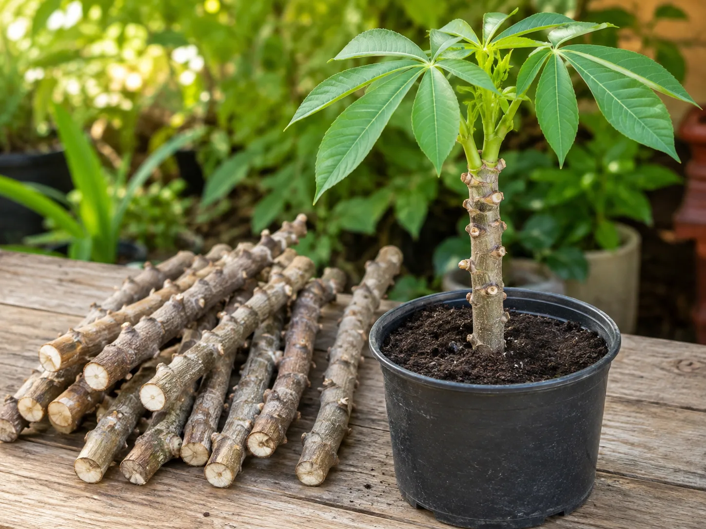 Healthy cassava stem cutting planted in a nursery pot beside woody propagation sections