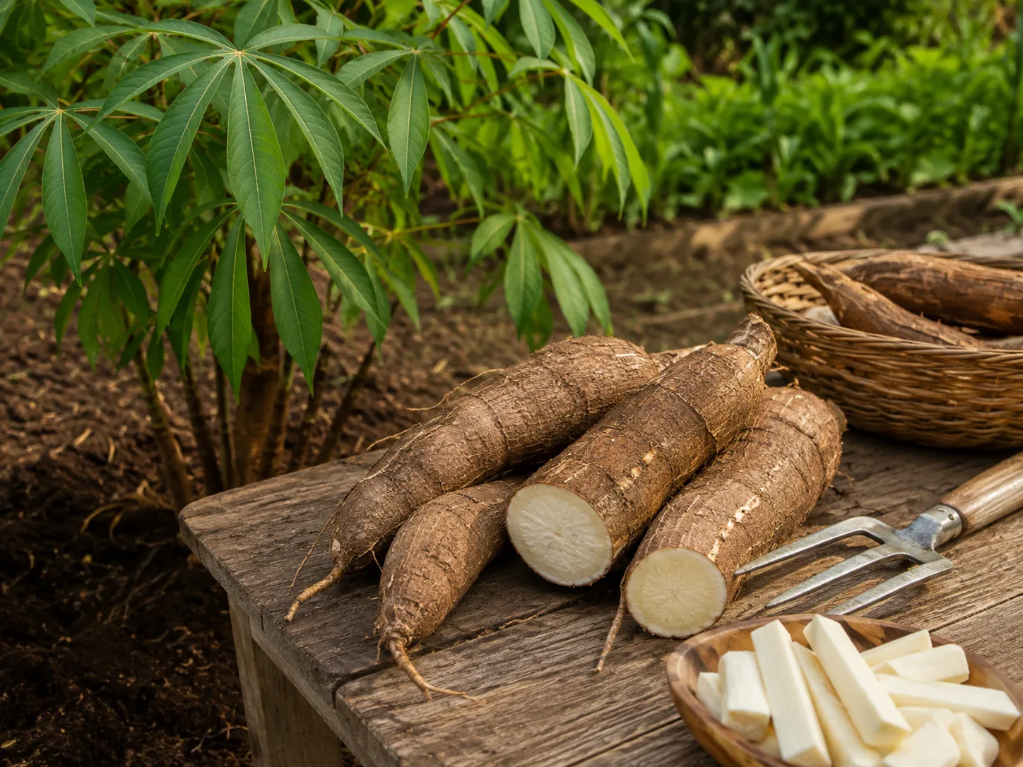 Freshly lifted cassava roots beside a garden fork and a cassava plant