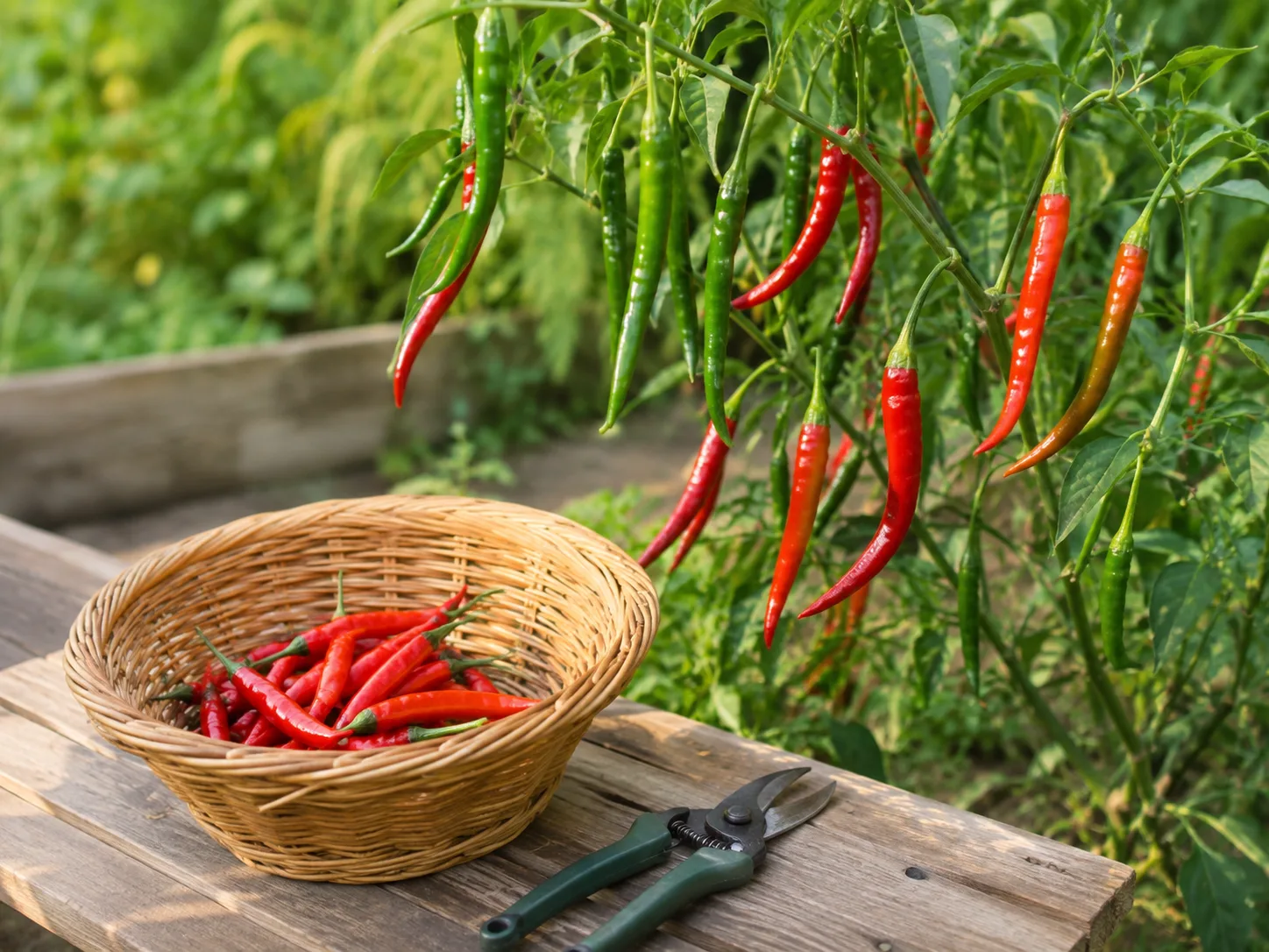 Green and ripe red cayenne peppers ready to harvest beside garden snips