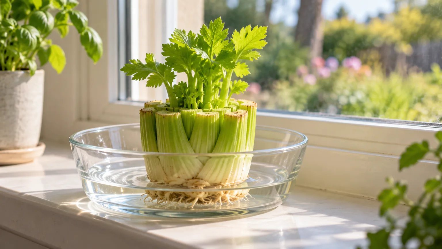A celery crown with new green leaves and roots regrowing in a shallow water dish on a windowsill