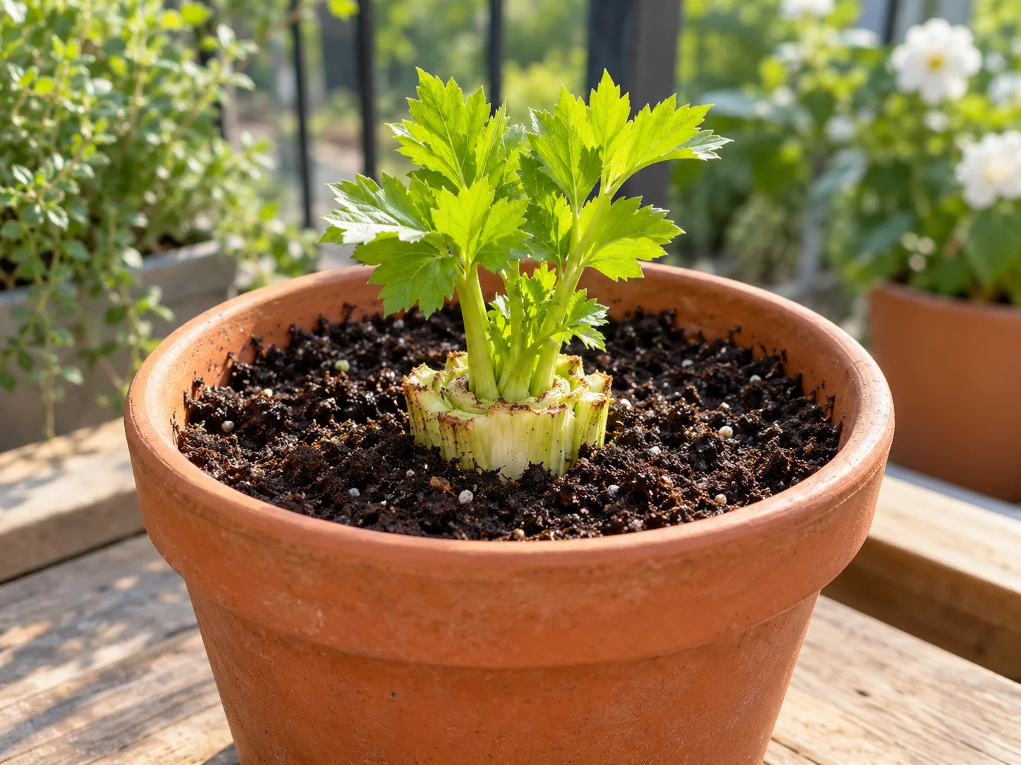A rooted celery base planted shallowly in moist potting mix