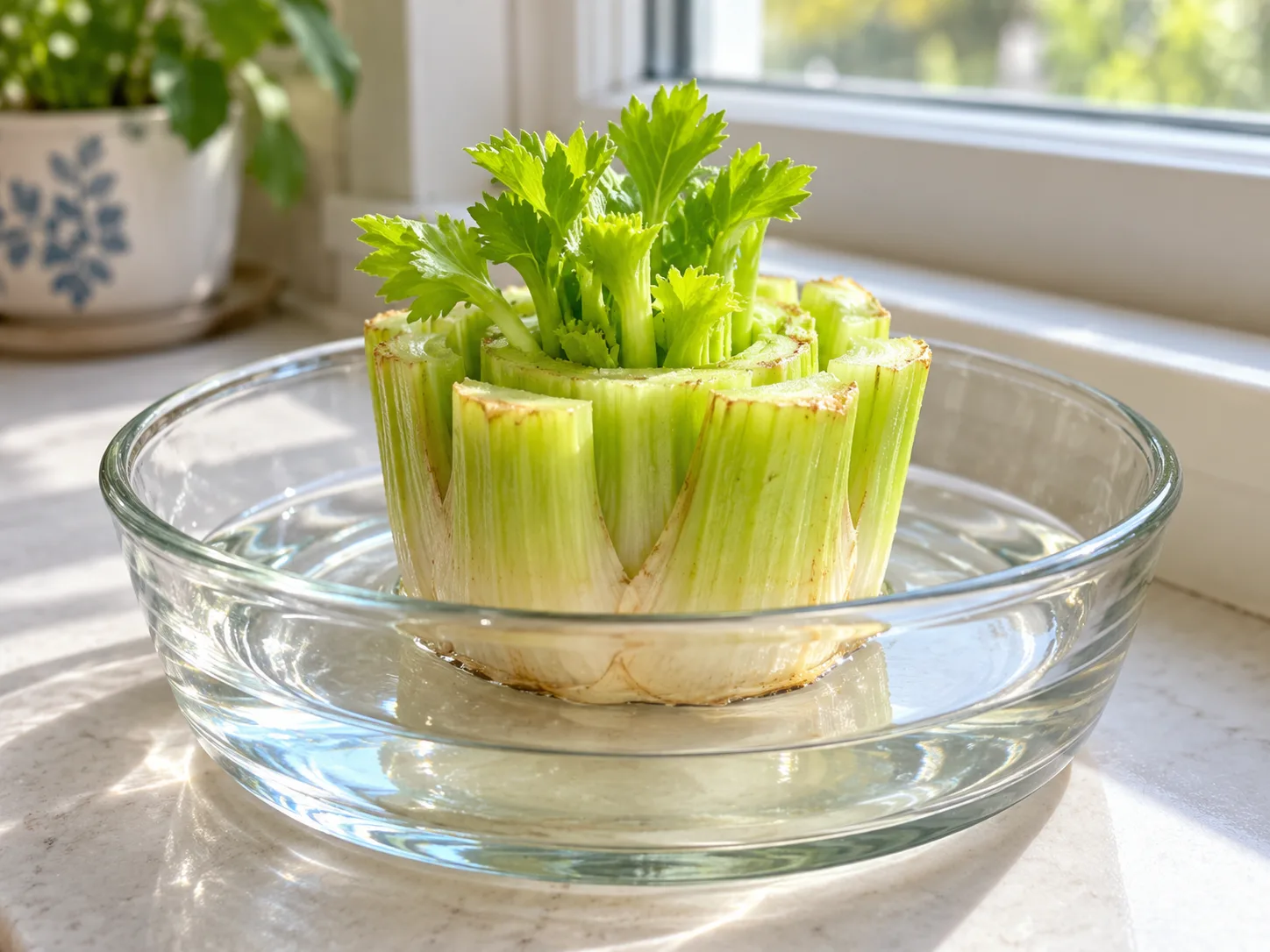 Fresh celery base in shallow water with new leaves above the waterline
