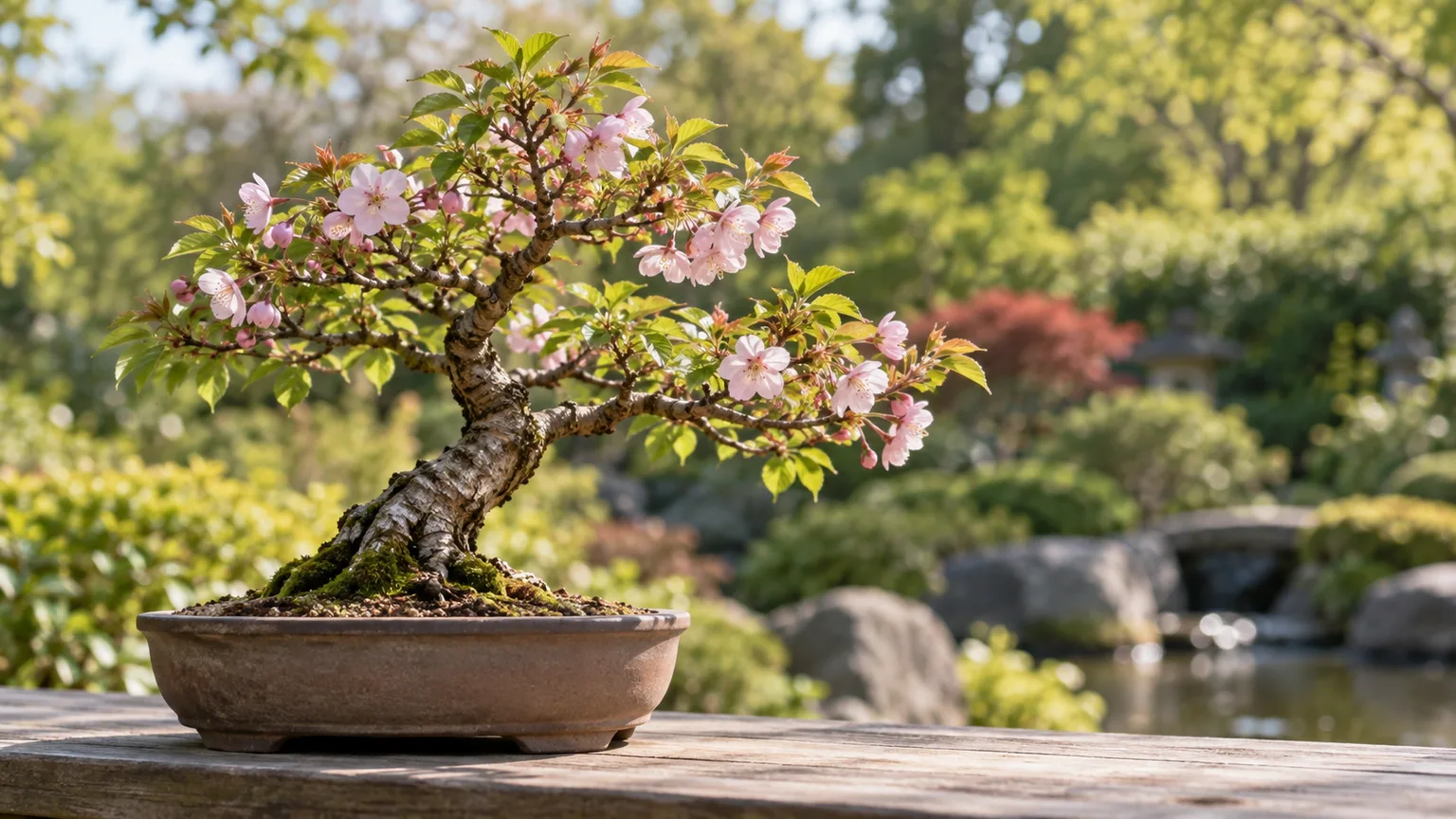 Flowering cherry tree bonsai in a shallow pot beside a garden pond