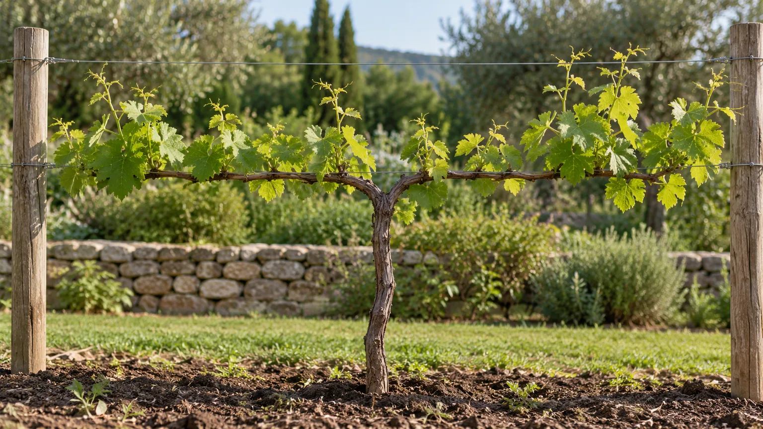 Young grape vine trained along a post-and-wire trellis